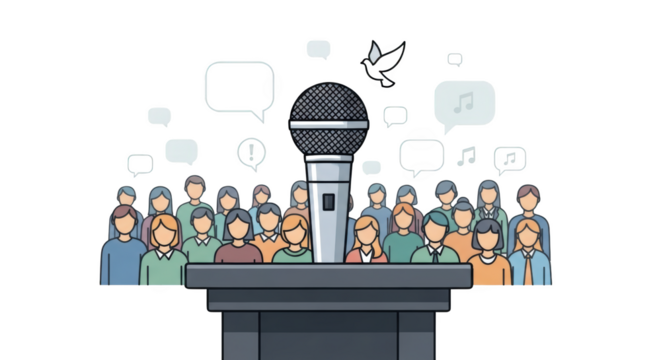 Public Speaking with Microphone and Audience. inspiration illustration concept design creative background style inspiration