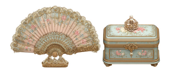 Elegant Decorative Fan and Ornate Jewelry Box with Floral Design