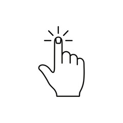 Simple linear graphic of a hand and pointing finger, signifying a click or tap action, ideal for digital interface buttons and interactive elements