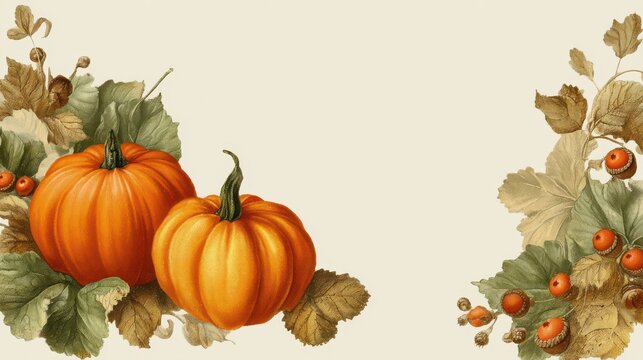 rectangular vintage pumpkin frame with fall accents isolated on transparent background