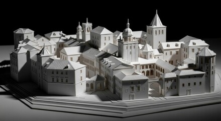 Fototapeta premium White Architectural Model of Historic Town with Churches and Buildings in Dark Background