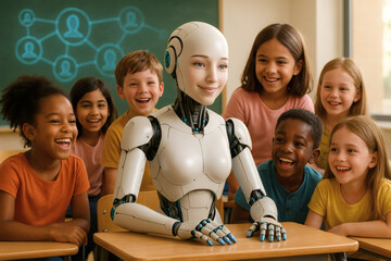 Friendly Robot Teacher Engages Happy Diverse Children in Modern Classroom Learning