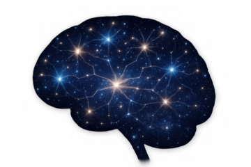 Human brain outline filled with a starry night sky and glowing neural network, representing consciousness