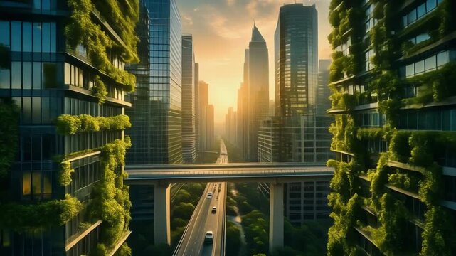 Dramatic aerial drone shot flying over a massive bridge connecting two skyscrapers with