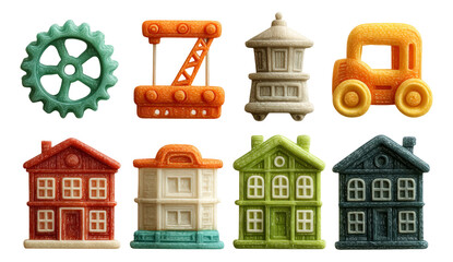 Colorful 3D Toy Shapes Including Gear, Truck, House, and Crane on Transparent Background