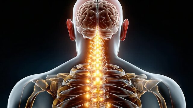 Human Anatomy Illustration: A detailed, illuminated illustration showcasing the intricacies of human anatomy, specifically highlighting the spinal cord, brain, and skeletal structure. 