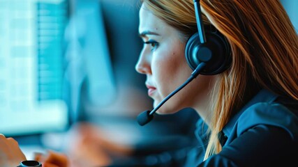 Focused female customer service representative headset demonstrates exceptional communication skills and teamwork professional office environment, utilizing advanced technology to enhance customer - Powered by Adobe