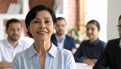Fototapeta premium Portrait of a confident woman smiling in front of a group of colleagues 