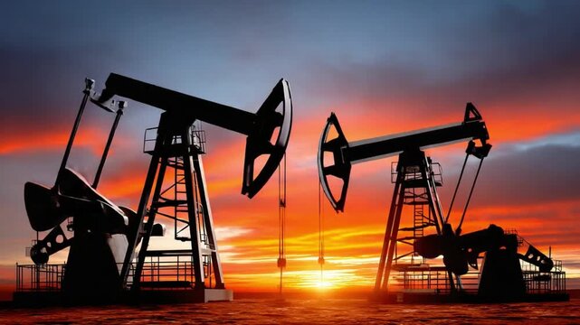 Oil Rigs Silhouette at Sunset: Two oil rigs stand silhouetted against a fiery sunset, a dramatic juxtaposition of industry and the natural world, representing energy, resource extraction.