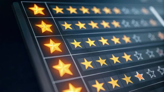 Five star rating system for purchasing feedback and customer satisfaction, glowing stars digital display, review evaluation, satisfaction ranking