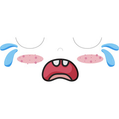 Cartoon crying face with red cheeks and blue tears against a transparent background simple illustration expressive emotion