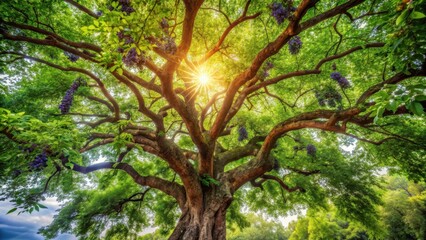 Obraz premium Majestic Ancient Tree Canopy Bathed in Sunlight, Lush Green Leaves and Vibrant Purple Blossoms