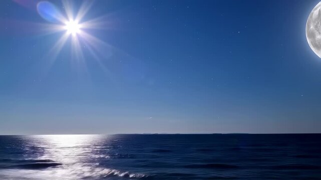 Ocean waves under a bright sun and a half moon, creating a serene and celestial seascape