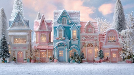 pastel pink blue christmas village toy workshop santa claus gifts magical wonderland enchanted winter festive decorations snowy santas mailboxes holiday scene christmas factory dreamy cute background