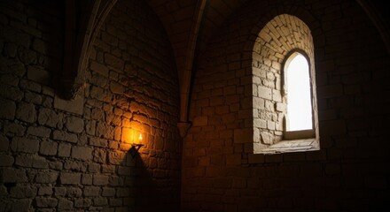 Interior of Medieval Stone Castle with Narrow Arched Window and Warm Candle Light