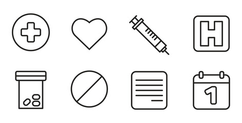 Hospital Icon Set, vector, heart, needle, sheet, pill, pill bottle, calendar, 