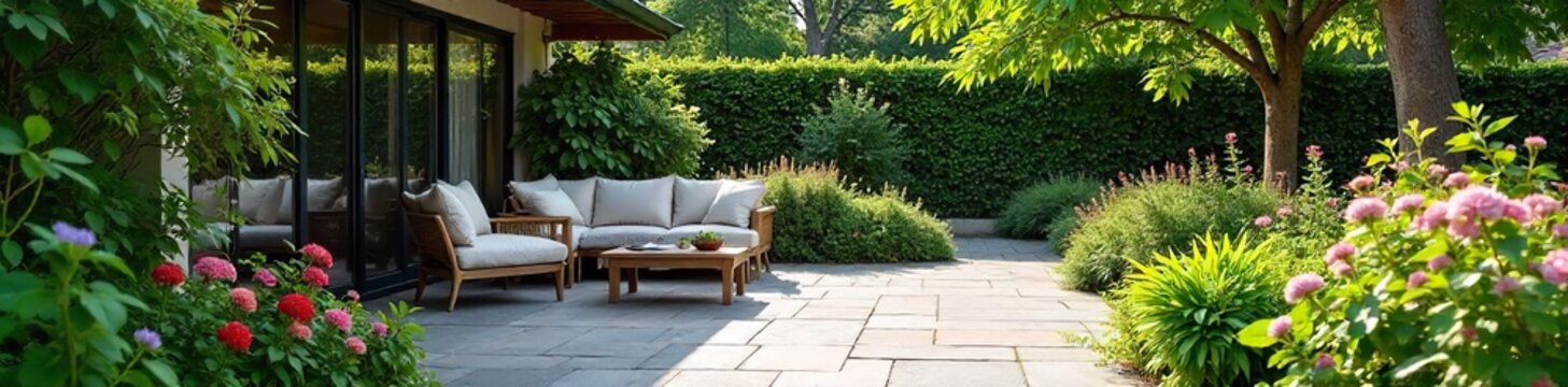 Serene Garden Patio Lush Greenery, Stone Paving, Comfortable Seating, Vibrant Flowers, Perfect for Relaxation and Outdoor Entertaining
