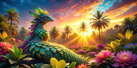 Serene Sunset A Scaled Fantasy Creature Amidst Lush Tropical Flora