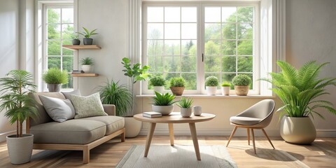 Serene Living Room with Abundant Greenery and Natural Light Illuminating a Cozy Space