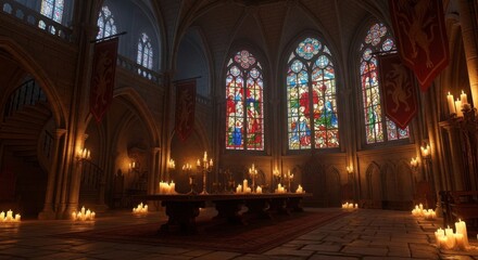 Fototapeta premium Gothic Cathedral Interior with Stained Glass Windows and Candlelit Atmosphere