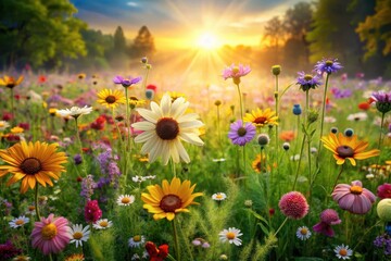 Fototapeta premium A vibrant meadow bursting with wildflowers at sunrise, bathed in golden light, showcasing a diverse array of colors and textures, a breathtaking display of nature's beauty