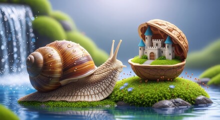 Snail Carrying Miniature Castle Inside Shell Surrounded by Water and Green Landscape