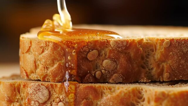 Golden honey pouring over fresh bread slices close up for food concepts
