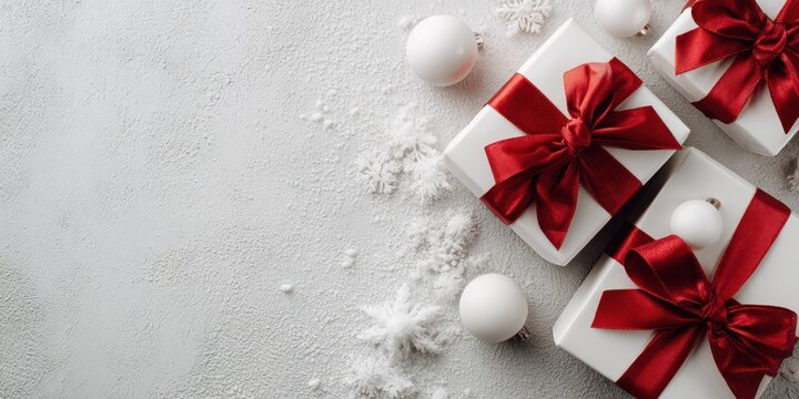Top view of elegant white gift boxes with red satin ribbons arranged on light textured surface with snowflakes and white ornaments, creating minimalist festive Christmas background