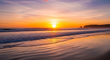 Fototapeta premium Radiant Sunset Over a Serene Coastline with Vibrant Reflections on the Wet Sand