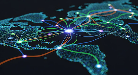 Global Network Connections: World map with interconnected lines and nodes.