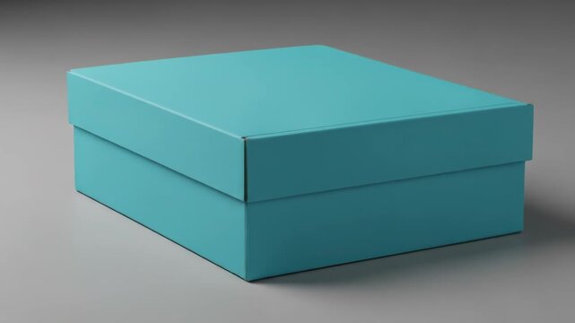 A simple, closed, teal-colored rectangular box rests on a plain, soft gray surface with subtle shadow