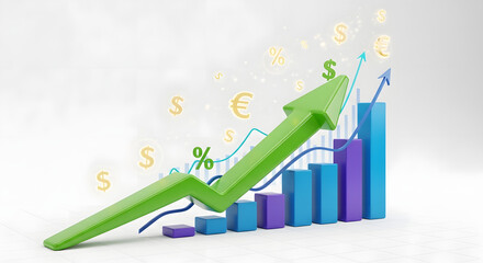 3D rendering of a bar graph with a green arrow pointing upwards, symbolizing growth and success.
