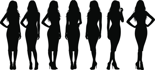 Silhouette, woman, female, model, fashion, dress, heels, posing, standing, walking, posture, outline, vector, illustration, design, template, isolated, black, white, background, reference