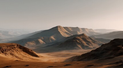 Naklejka premium Golden Hour on Majestic Mountains: Capturing the beauty of the landscape at golden hour, a range of majestic mountains unfolds under a soft, hazy sky.