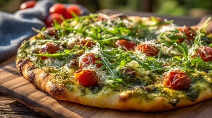 Close Up Homemade Italian Green Pesto Pizza in Rustic Natural Light Setting