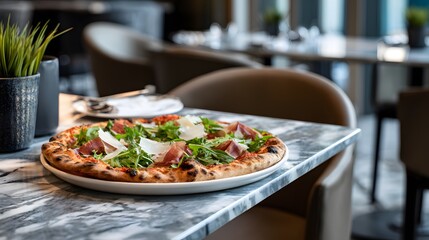 Close Up Elegant Italian Pizza Served on Marble Table in Modern Restaurant