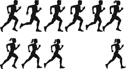 Running motion silhouette sequence, male and female athlete stride cycle, jogging exercise illustration, sports biomechanics, fitness training vector graphic design