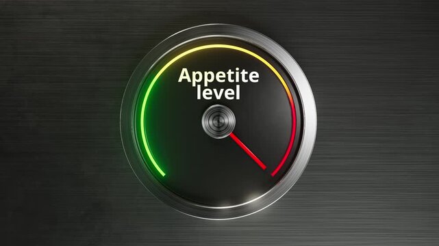 Realistic appetite level gauge animation from low to high with glowing color from green to yellow to red, perfect for nutrition, diet, hunger control, metabolism and wellness education projects