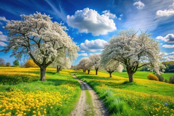 Fototapeta premium Serene Springtime Path Winding Through Blossoming Trees and Dandelion Meadows under a Vivid Sky