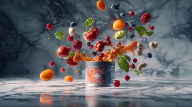 Dynamic food explosion kitchen 3d art marble background close-up culinary creativity