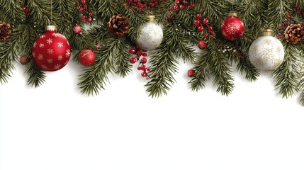 christmas border with fir branches and festive ornaments
