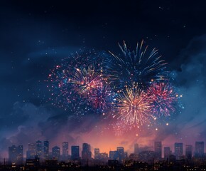 Celebratory fireworks display over city skyline at night colorful visuals urban environment