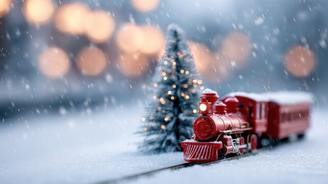 red toy train and christmas tree in snow on blurred lights background concept for christmas new year winter holidays banner with copy space christmas festive composition