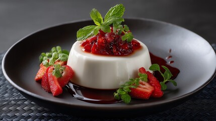 Delectable Delight: A culinary masterpiece features a silky panna cotta, crowned with vibrant red berry compote and adorned with fresh strawberry slices and mint, inviting a sensory experience.