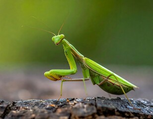 A detailed shot of a vibrant green praying mantis on weathered wood