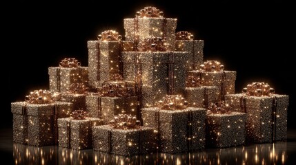 Sparkling Golden Gifts in a Towering Arrangement with Festive Glow
