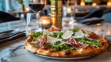Gourmet Thin Crust Prosciutto Pizza with Arugula and Parmesan Cheese