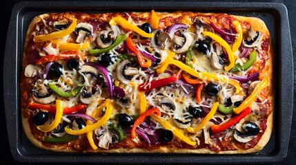 Healthy Homemade Veggie Pizza with Mushrooms and Cheese Toppings on Rectangular Tray
