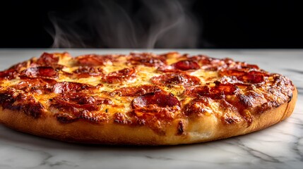 Hot Italian Pepperoni Pizza Fresh from Oven with Steam and Rustic Details