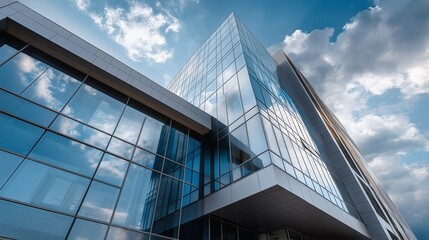 Modern Architecture and the Sky: A contemporary building with glass facade reaching towards the sky under a dramatic cloudscape. Showcasing lines, reflections, and the vastness of the heavens. 